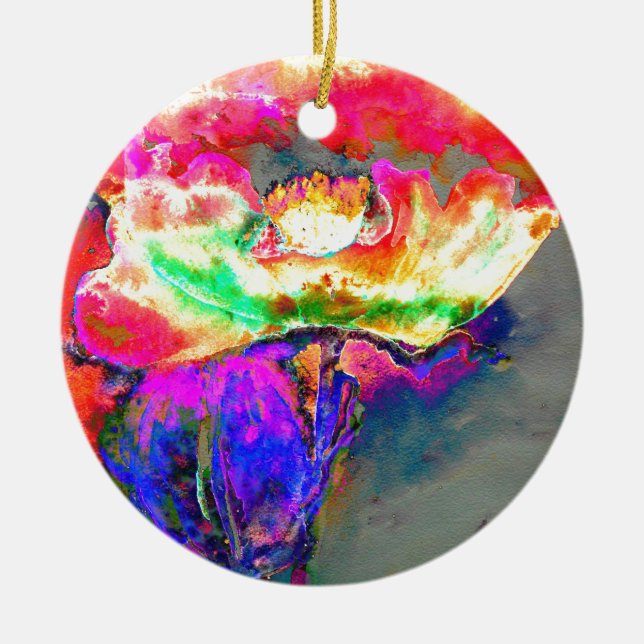 Elegant abstract yellow pink floral flower poppy ceramic tree decoration (Front)