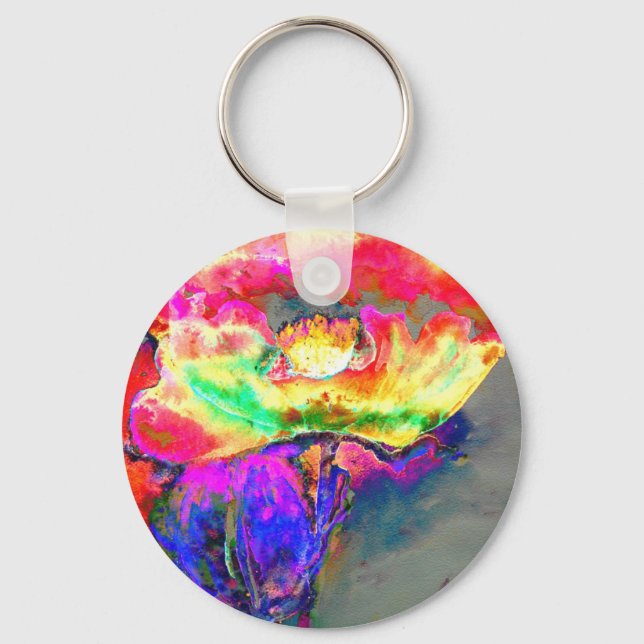 Elegant abstract yellow pink floral flower poppy key ring (Front)