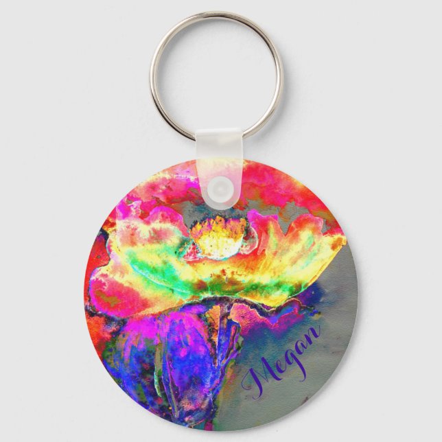 Elegant abstract yellow pink floral flower poppy key ring (Front)