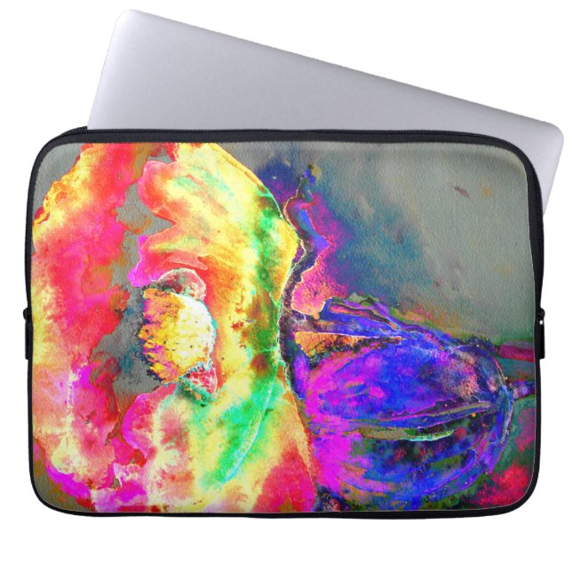 Elegant abstract yellow pink floral flower poppy laptop sleeve (Front)