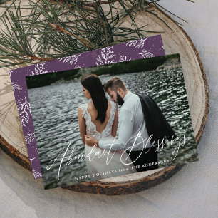 Elegant Abundant Blessings Script Purple Photo Holiday Card
