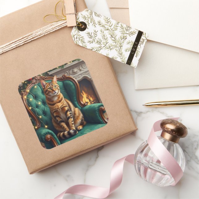 Elegant Abyssinian Cat Regal Holiday Portrait Art Square Sticker (Gifting)