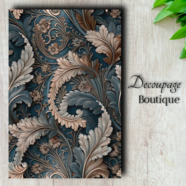 Elegant Acanthus Leaf Tea/Taupe Baroque Decoupage Tissue Paper (Elegant Acanthus Leaf Teal and Taupe Baroque Design Decoupage Tissue Paper)