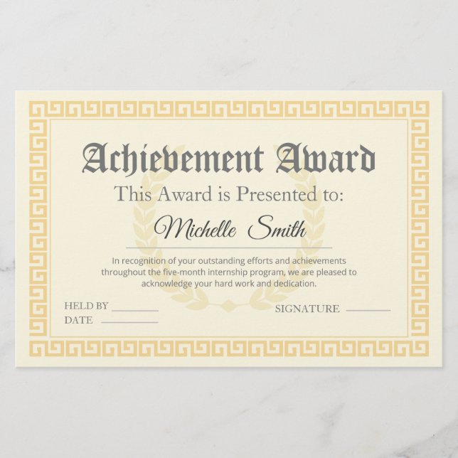 Elegant Achievement Award Certificate Personalised (Front)