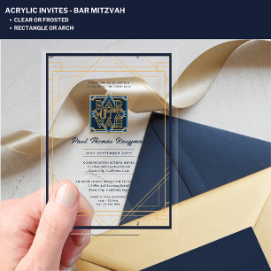 Elegant Acrylic BAR MITZVAH Navy Gold Modern Clear Acrylic Invitations