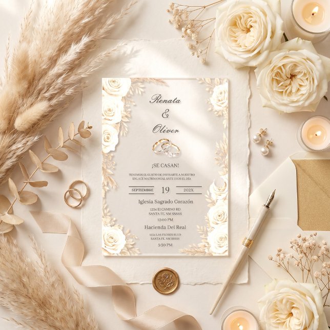 Elegant acrylic Ivory Rose Spanish Wedding  Invitations (Creator Uploaded)
