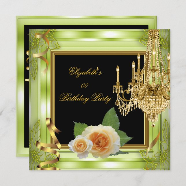 Elegant Add Age Birthday Green Gold Roses Invitation (Front/Back)
