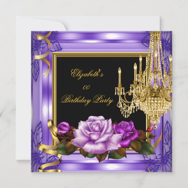 Elegant Add Age Birthday Purple Gold Roses Invitation (Front)