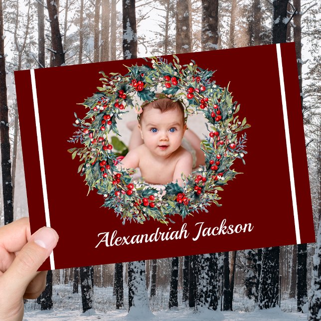 Elegant Add photo  Christmas  Xmas wreath burgundy Holiday Card (Creator Uploaded)