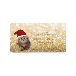 Elegant, Adorable Cat With SantaHat,Glittery Bokeh Label