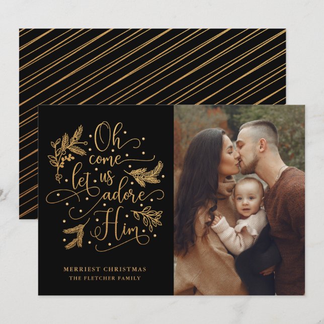 Elegant Adore Him | Photo Christmas | Gold Black Holiday Card (Front/Back)