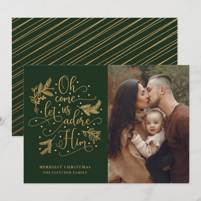 Elegant Adore Him | Photo Christmas | Gold Green Holiday Card (Front/Back)