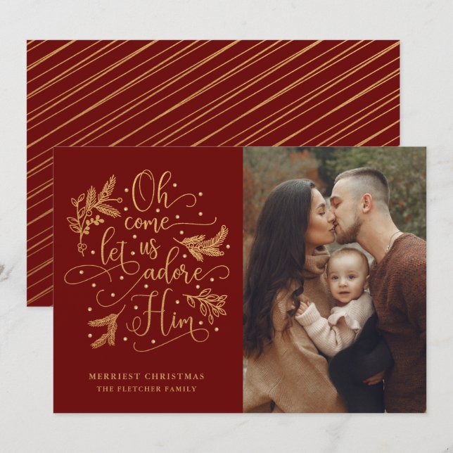 Elegant Adore Him | Photo Christmas | Gold Red Holiday Card (Front/Back)