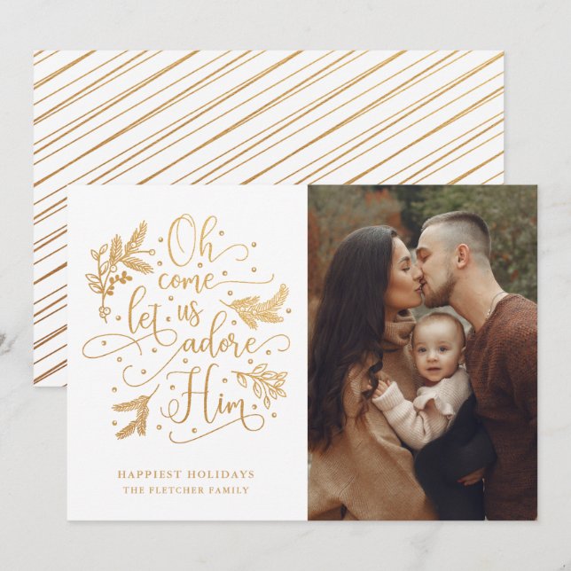 Elegant Adore Him | Photo Christmas | Gold White Holiday Card (Front/Back)