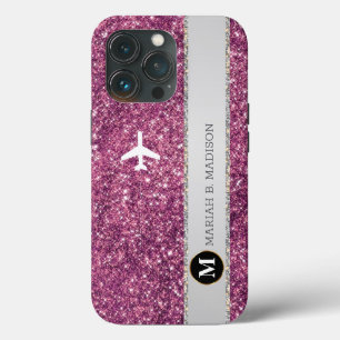 Elegant Aeroplane Pink Silver Glitter monogram iPhone 13 Pro Case