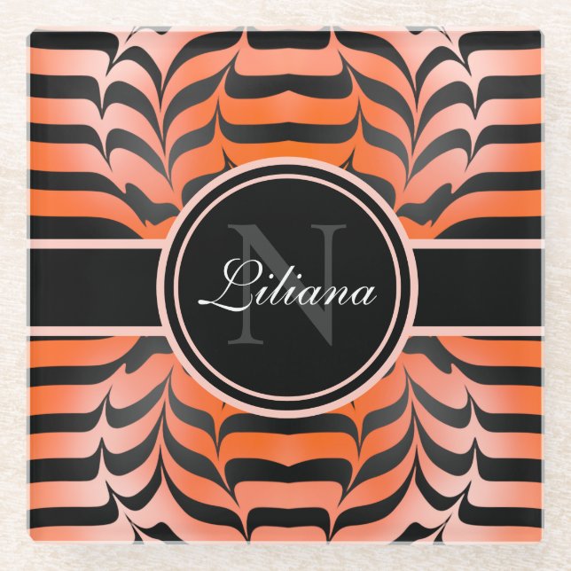 Elegant Aesthetic Orange & Black Tiger Skin Print Glass Coaster (Front)