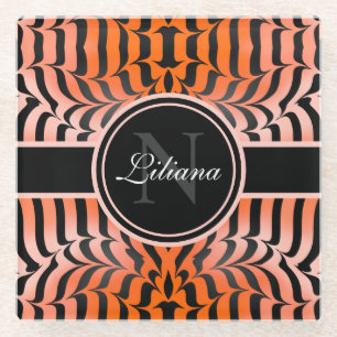 Elegant Aesthetic Orange & Black Tiger Skin Print Glass Coaster