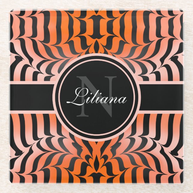 Elegant Aesthetic Orange & Black Tiger Skin Print Glass Coaster (Front)