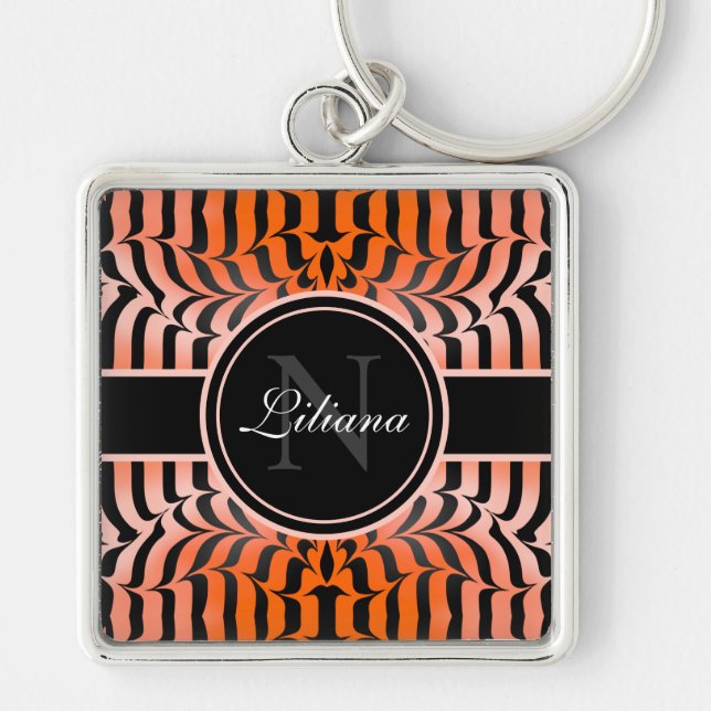 Elegant Aesthetic Orange & Black Tiger Skin Print Key Ring (Front)