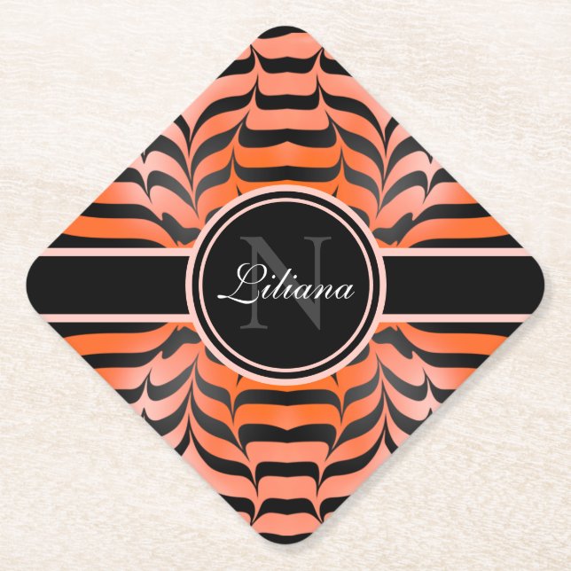 Elegant Aesthetic Orange & Black Tiger Skin Print Paper Coaster (Front)