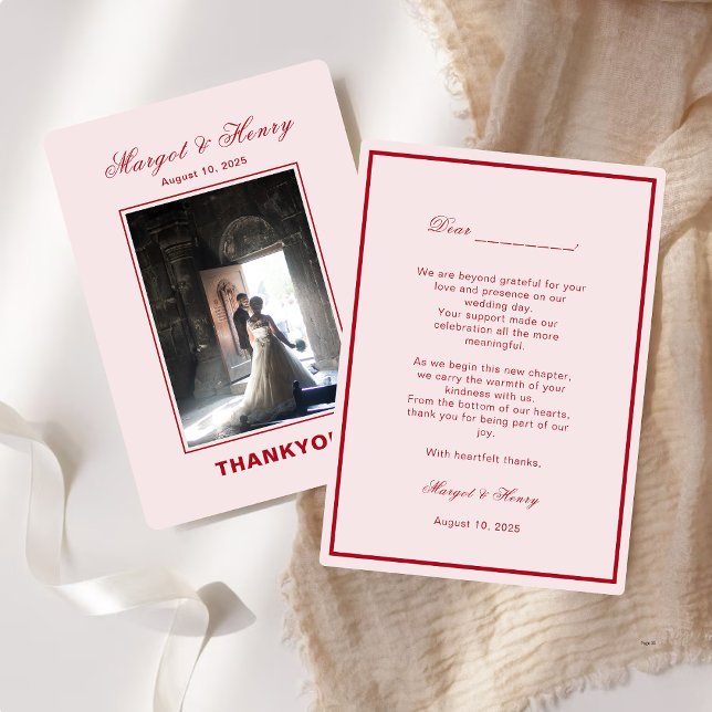 Elegant Aesthetic Red Modern Wedding Photo  Thank You Card (Creator Uploaded)
