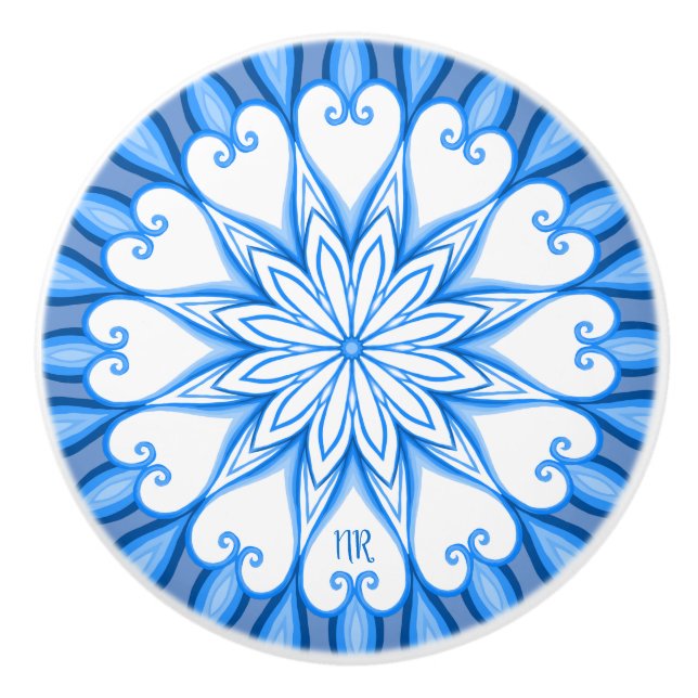 Elegant Aesthetic White & Blue Mandala Monogrammed Ceramic Knob (Front)