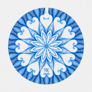 Elegant Aesthetic White & Blue Mandala Monogrammed Metal Tree Decoration