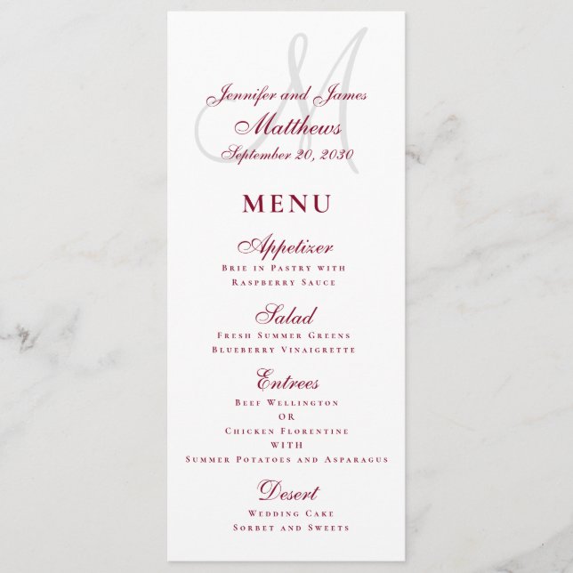 Elegant Affair Burgundy Script Monogram Wedding Menu (Front)