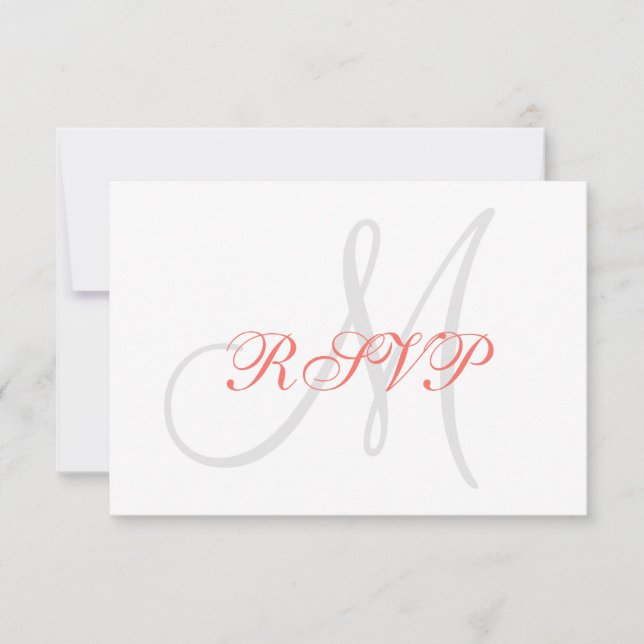 Elegant Affair Coral Grey Monogram Wedding RSVP (Front)