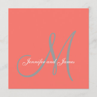 Elegant Affair Coral Grey Script Monogram Wedding Invitation
