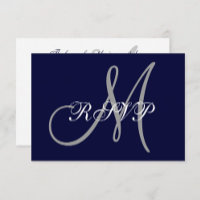 Elegant Affair Navy Blue Grey Initial Wedding RSVP
