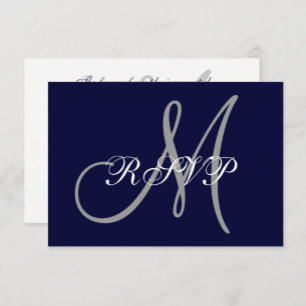 Elegant Affair Navy Blue Grey Initial Wedding RSVP Card