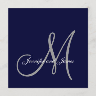 Elegant Affair Navy Blue Grey Monogram Wedding Invitation