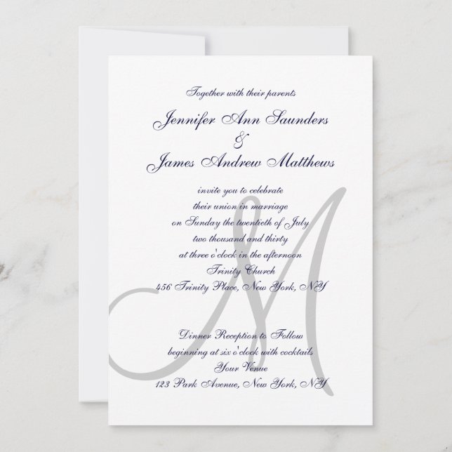 Elegant Affair Navy Blue Grey Monogrammed Wedding Invitation (Back)