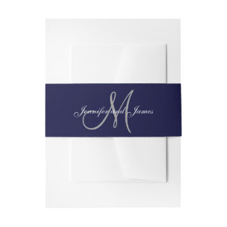 Elegant Affair Navy Blue Monogram Script Wedding Invitation Belly Band