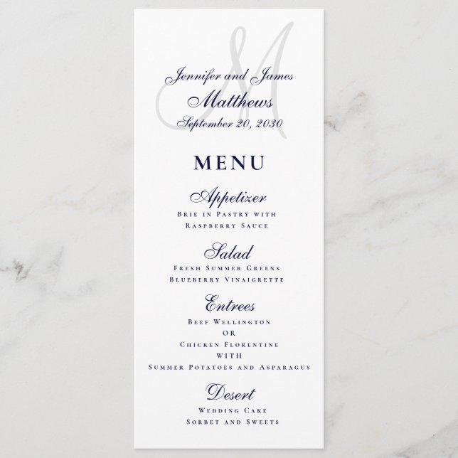 Elegant Affair Navy Blue Script Monogram Wedding Menu (Front)