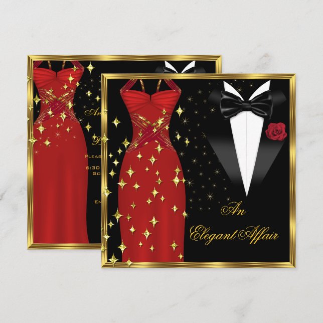 Elegant Affair Red Dress Black Tie Gold Birthday Invitation (Front/Back)