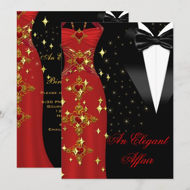 Elegant Affair Red Dress Black Tie Gold Birthday Invitation (Front/Back)