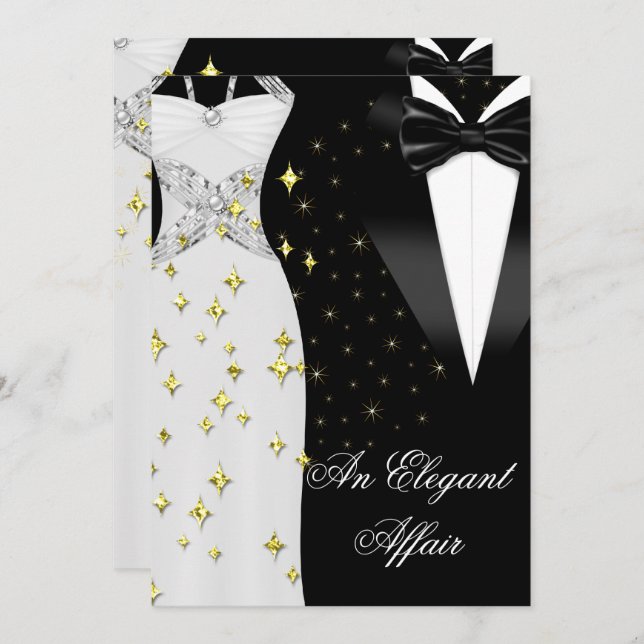 Elegant Affair White Dress Black Tie Gold Birthday Invitation (Front/Back)