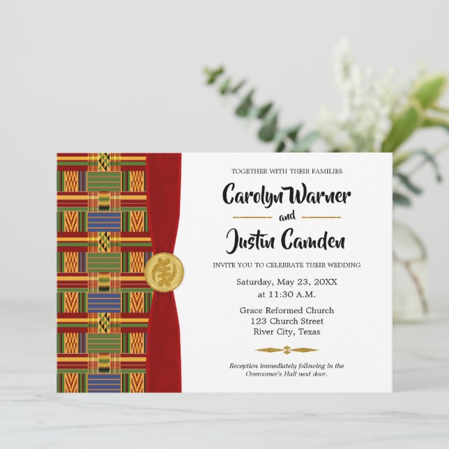 Elegant African Plaid Kente K84 Wedding Invitation (Standing Front)
