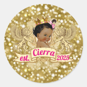 Elegant African Princess Pink Gold Glitter Classic Round Sticker