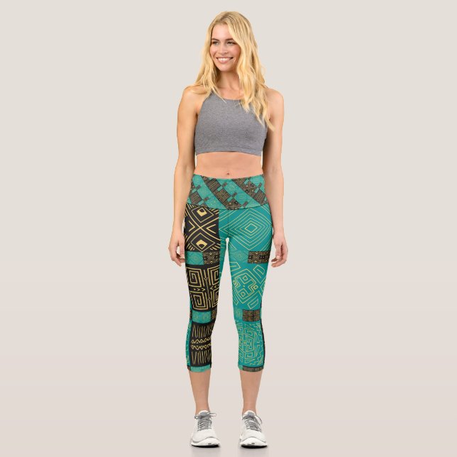 Elegant African Tribal Geometric Pattern Capri Leggings (Front)