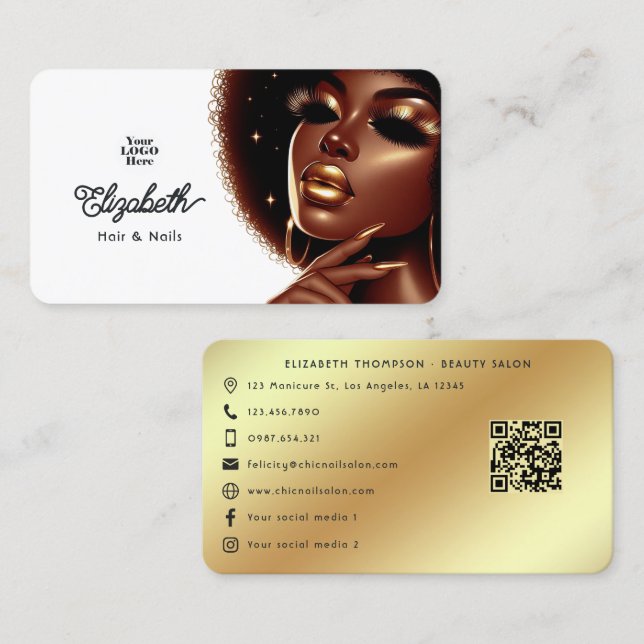 Elegant Afro Glam Melanin Chic Hair & Nail Salon Business Card (Front/Back)