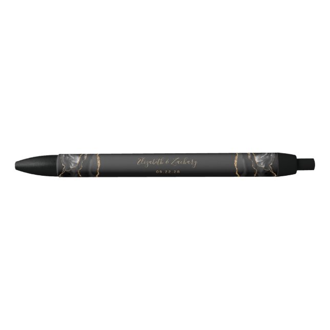 Elegant Agate Black Gold Dark Wedding Keepsake Black Ink Pen (Front)
