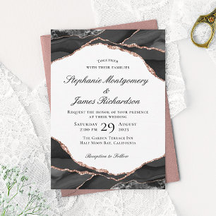 Elegant Agate Black White Rose Gold Foil Wedding Invitation