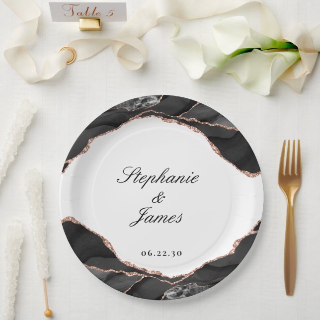 Elegant Agate Black White Rose Gold Foil Wedding Paper Plate (Wedding)
