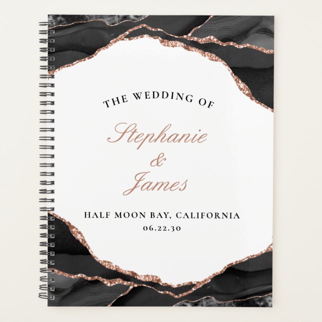 Elegant Agate Black White Rose Gold Foil Wedding Planner (Front)