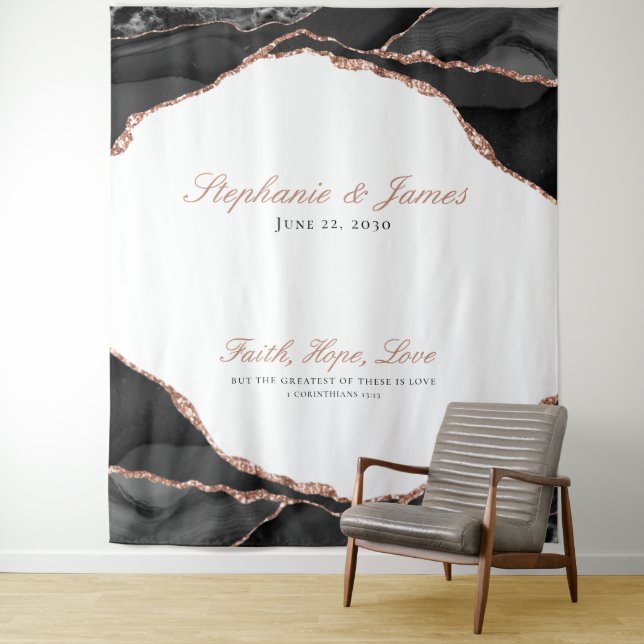 Elegant Agate Black White Rose Gold Foil Wedding Tapestry (In Situ)