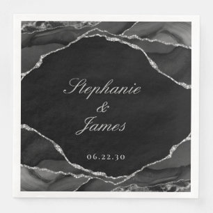Elegant Agate Black White Silver Foil Wedding Napkin
