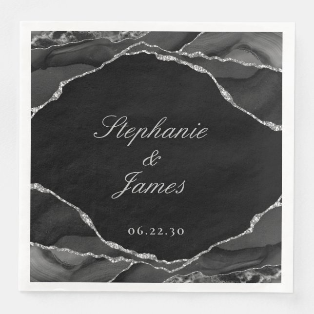 Elegant Agate Black White Silver Foil Wedding Napkin (Front)